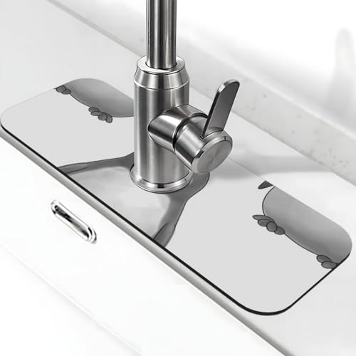 Grauer Pinguin-Wasserhahn-Matte für Küchenspüle – 2025 Premium-Upgrade: Super saugfähiger Kieselgur, schnell trocknender Wasserhahn-Saugnapf, waschbar, Küchenspüle, Spritzschutz, 14 x 38 cm von FHEDVBN