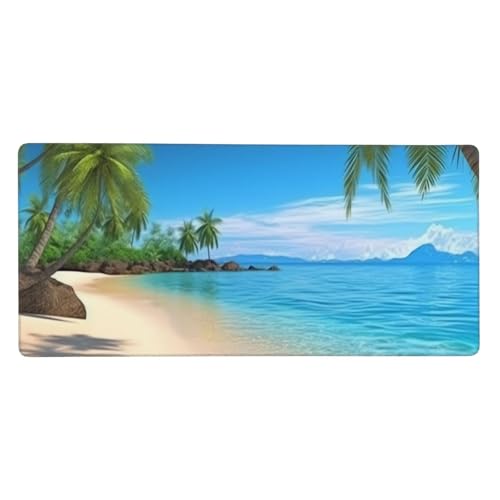 Großes Gaming-Mauspad, 90 x 40 cm, Hawaii-Strand mit Palmen, Schreibtischunterlage XXL, genähter Rand, rutschfestes Mauspad, erweiterte Tastatur, wasserdicht, Computer-Mauspad für Arbeit, Büro von FHEDVBN