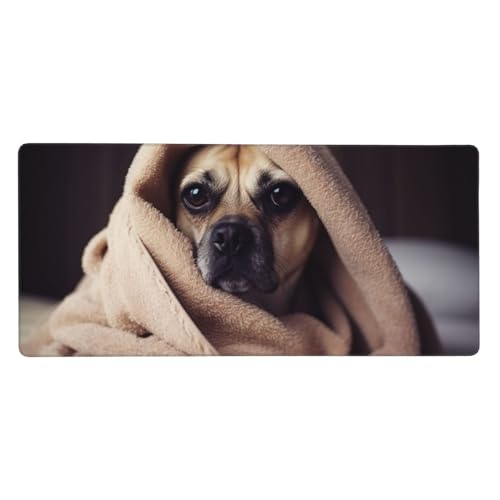 Großes Gaming-Mauspad, 90 x 40 cm, Hund in einer Decke, Schreibtischunterlage XXL, genähter Rand, rutschfestes Mauspad, erweiterte Tastatur, wasserdicht, Computer-Mauspad für Arbeit, Büro, Zuhause von FHEDVBN