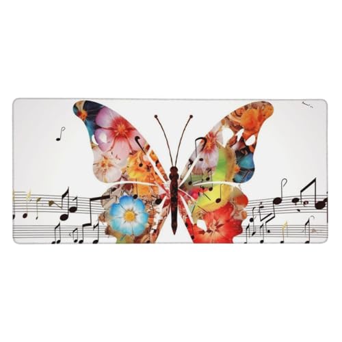Großes Gaming-Mauspad, 90 x 40 cm, Musik-Schmetterling, Schreibtischunterlage XXL, genähter Rand, rutschfestes Mauspad, verlängerte Tastatur, wasserdicht, Computer-Mauspad für Arbeit, Büro, Zuhause von FHEDVBN