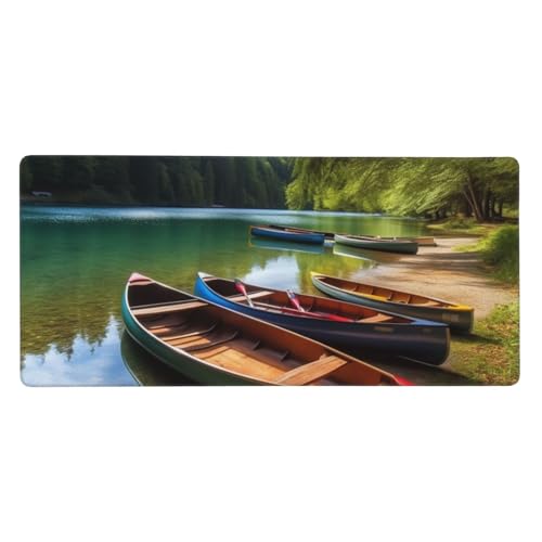 Großes Gaming-Mauspad, 90 x 40 cm, See mit Booten, Kanus, Park, Schreibtischunterlage XXL, genähter Rand, rutschfestes Mauspad, erweiterte Tastatur, wasserdicht, Computer-Mauspad für Arbeit, Büro von FHEDVBN