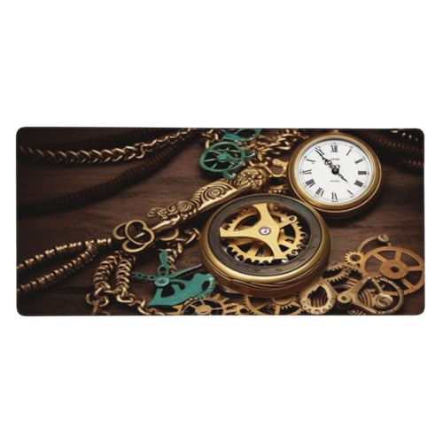 Großes Gaming-Mauspad, 90 x 40 cm, Steampunk-Uhren, Schlüssel und Ketten, Schreibtischunterlage XXL, genähter Rand, rutschfestes Mauspad, erweiterte Tastatur, wasserdicht, Computer-Mauspad für Arbeit von FHEDVBN