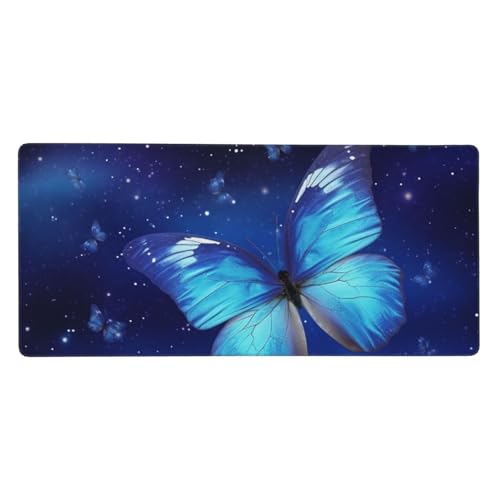 Großes Gaming-Mauspad, 90 x 40 cm, blauer Sternenschmetterling, Schreibtischunterlage XXL, genähter Rand, rutschfestes Mauspad, erweiterte Tastatur, wasserdicht, Computer-Mauspad für Arbeit, Büro von FHEDVBN