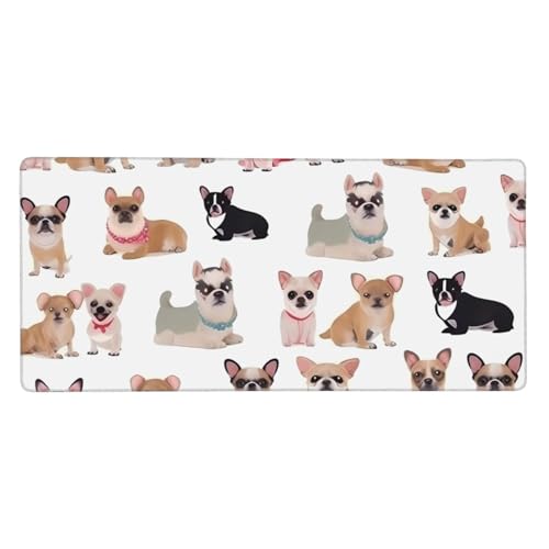 Großes Gaming-Mauspad, 90 x 40 cm, niedliches Chihuahua-/Mops-Muster, Schreibtischunterlage XXL, genähter Rand, rutschfestes Mauspad, erweiterte Tastatur, wasserdicht, Computer-Mauspad für Arbeit von FHEDVBN