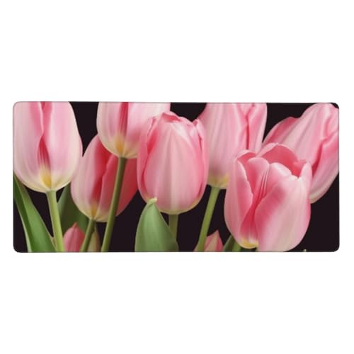 Großes Gaming-Mauspad, 90 x 40 cm, rosa Tulpen, Schreibtischunterlage XXL, genähter Rand, rutschfestes Mauspad, erweiterte Tastatur, wasserdicht, Computer-Mauspad für Arbeit, Büro, Zuhause von FHEDVBN