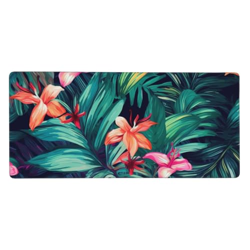 Großes Gaming-Mauspad, 90 x 40 cm, tropische Blumenblätter, Schreibtischunterlage XXL, genähter Rand, rutschfestes Mauspad, verlängerte Tastatur, wasserdicht, Computer-Mauspad für Arbeit, Büro von FHEDVBN