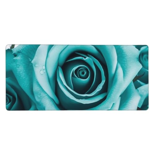 Großes Gaming-Mauspad, 90 x 40 cm, türkisfarbene Rose, Schreibtischunterlage XXL, genähter Rand, rutschfestes Mauspad, erweiterte Tastatur, wasserdicht, Computer-Mauspad für Arbeit, Büro, Zuhause von FHEDVBN