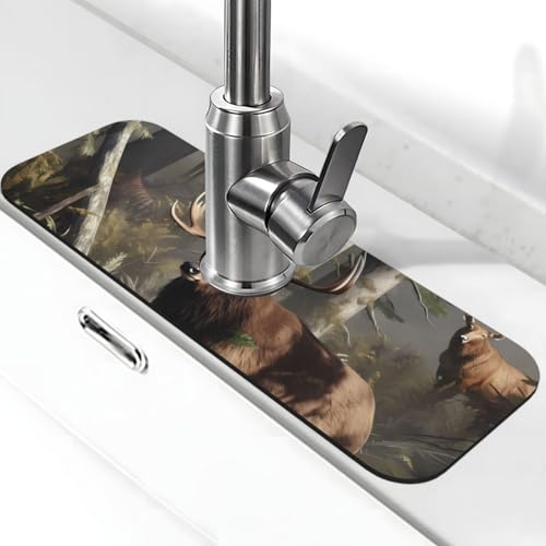 Jagdhhirsch Bär Elch Wasserhahn Matte für Küchenspüle – 2025 Premium-Upgrade: Super saugfähiger Kieselgur, schnell trocknender Wasserhahn, Saugnapf, waschbar, Küchenspüle, Spritzschutz, 14 x 38 cm von FHEDVBN