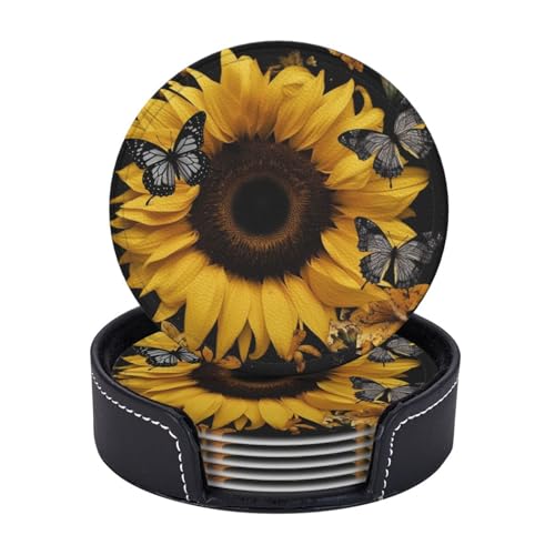 Leder-Untersetzer mit Halter, Schmetterlings- und Sonnenblumen-Untersetzer für Getränke, Getränkeuntersetzer, 6er-Set, Tassenmatte, saugfähige Tassenuntersetzer, moderne Couchtisch-Untersetzer für Leder-Untersetzer mit Halter, Schmetterlings- und Sonnenblumen-Untersetzer für Getränke, Getränkeuntersetzer, 6er-Set, Tassenmatte, saugfähige Tassenuntersetzer, moderne Couchtisch-Untersetzer für von FHEDVBN