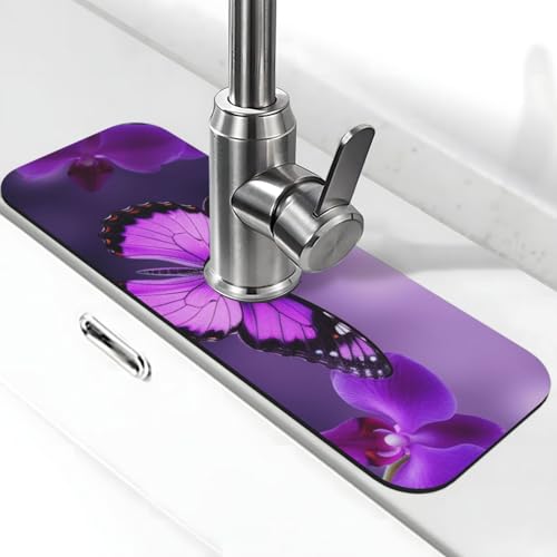 Lila Schmetterlings-Wasserhahnmatte für Küchenspüle – 2025 Premium-Upgrade: Super saugfähiger Kieselgur-Schnelltrocknender Wasserhahn-Saugnapf, waschbar, Küchenspüle, Spritzschutz, 14 x 38 cm Lila Schmetterlings-Wasserhahnmatte für Küchenspüle – 2025 Premium-Upgrade: Super saugfähiger Kieselgur-Schnelltrocknender Wasserhahn-Saugnapf, waschbar, Küchenspüle, Spritzschutz, 14 x 38 cm von FHEDVBN