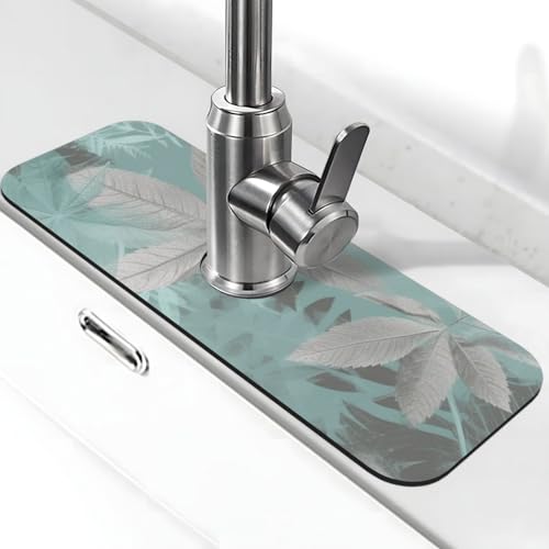 Mintgraue Blätter Wasserhahnmatte für Küchenspüle – 2025 Premium-Upgrade: Super saugfähiger Kieselgur, schnell trocknender Wasserhahn-Saugnapf, waschbar, Küchenspüle, Spritzschutz, 14 x 38 cm von FHEDVBN