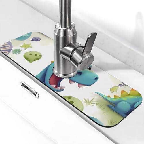 Niedliche Dinosaurier-Wasserhahnmatte für Küchenspüle – 2025 Premium-Upgrade: Super saugfähiger Kieselgur-Schnelltrocknender Wasserhahn-Saugnapf, waschbar, Küchenspüle, Spritzschutz, 14 x 38 cm von FHEDVBN