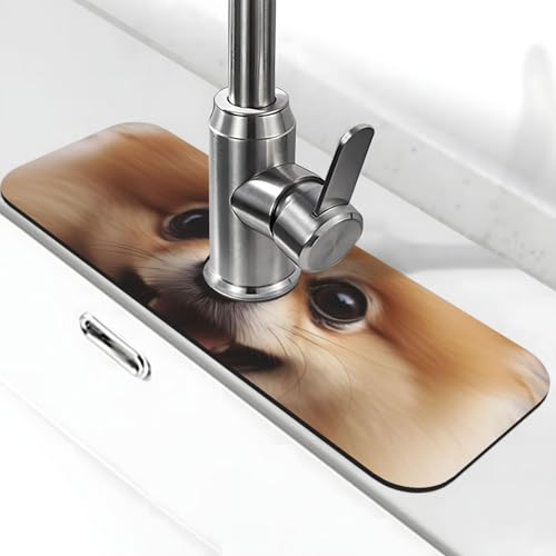 Niedliche Pomeranian Wasserhahnmatte für Küchenspüle – 2025 Premium-Upgrade: Super saugfähiger Kieselgur, schnell trocknender Wasserhahn-Saugnapf, waschbar, Küchenspüle, Spritzschutz, 14 x 38 cm von FHEDVBN