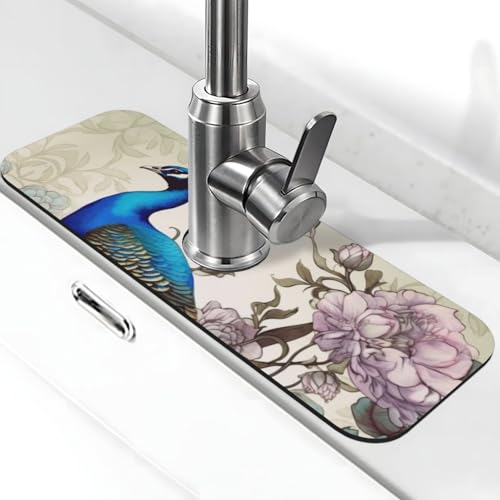 Pfauenblumen-Wasserhahnmatte für Küchenspüle – 2025 Premium-Upgrade: Super saugfähiger Kieselgur, schnell trocknender Wasserhahn-Saugnapf, waschbar, Küchenspüle, Spritzschutz, 14 x 38 cm Pfauenblumen-Wasserhahnmatte für Küchenspüle – 2025 Premium-Upgrade: Super saugfähiger Kieselgur, schnell trocknender Wasserhahn-Saugnapf, waschbar, Küchenspüle, Spritzschutz, 14 x 38 cm von FHEDVBN