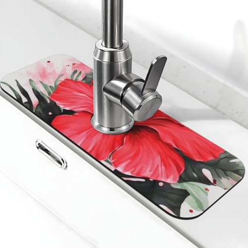 Roter Hibiskus-Wasserhahn-Matte für Küchenspüle – 2025 Premium-Upgrade: Super saugfähiger Kieselgur, schnell trocknender Wasserhahn-Saugnapf, waschbar, Küchenspüle, Spritzschutz, 14 x 38 cm Roter Hibiskus-Wasserhahn-Matte für Küchenspüle – 2025 Premium-Upgrade: Super saugfähiger Kieselgur, schnell trocknender Wasserhahn-Saugnapf, waschbar, Küchenspüle, Spritzschutz, 14 x 38 cm von FHEDVBN