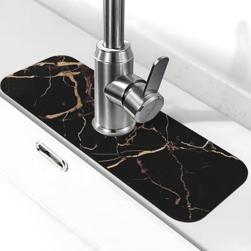 Schwarz-goldener Marmor-Wasserhahn-Matte für Küchenspüle – 2025 Premium-Upgrade: Super saugfähiger Kieselgur-Schnelltrocknender Wasserhahn-Saugnapf, waschbar, Küchenspüle, Spritzschutz, 14 x 38 cm von FHEDVBN
