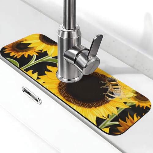 Sunflower Bees Wasserhahnmatte für Küchenspüle – 2025 Premium-Upgrade: Super saugfähiger Kieselgur, schnell trocknender Wasserhahn-Saugnapf, waschbar, Küchenspüle, Spritzschutz, 14 x 38 cm von FHEDVBN