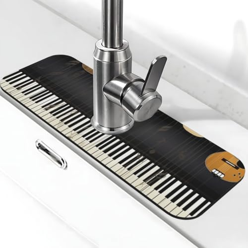 Wasserhahnmatte für Küchenspüle mit Gitarren-Klavier-Muster, Premium-Upgrade: Super saugfähiger Kieselgur, schnell trocknend, Saugnapf, waschbar, Küchenspüle, Spritzschutz, 14 x 38 cm Wasserhahnmatte für Küchenspüle mit Gitarren-Klavier-Muster, Premium-Upgrade: Super saugfähiger Kieselgur, schnell trocknend, Saugnapf, waschbar, Küchenspüle, Spritzschutz, 14 x 38 cm von FHEDVBN