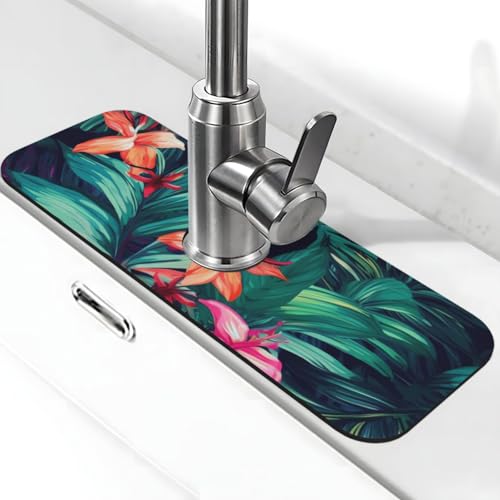 Wasserhahnmatte für Küchenspüle mit tropischen Blumenblättern, Premium-Upgrade: Super saugfähiger Kieselgur, schnell trocknend, Saugnapf, waschbar, Küchenspüle, Spritzschutz, 14 x 38 cm Wasserhahnmatte für Küchenspüle mit tropischen Blumenblättern, Premium-Upgrade: Super saugfähiger Kieselgur, schnell trocknend, Saugnapf, waschbar, Küchenspüle, Spritzschutz, 14 x 38 cm von FHEDVBN