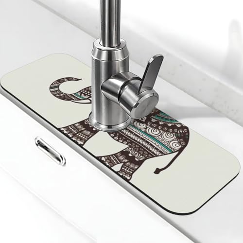 Wasserhahnmatte mit Bohemian-Elefanten-Muster, Premium-Upgrade: Super saugfähiger Kieselgur, schnell trocknend, Saugnapf, waschbar, Küchenspüle, Spritzschutz, 14 x 38 cm Wasserhahnmatte mit Bohemian-Elefanten-Muster, Premium-Upgrade: Super saugfähiger Kieselgur, schnell trocknend, Saugnapf, waschbar, Küchenspüle, Spritzschutz, 14 x 38 cm von FHEDVBN