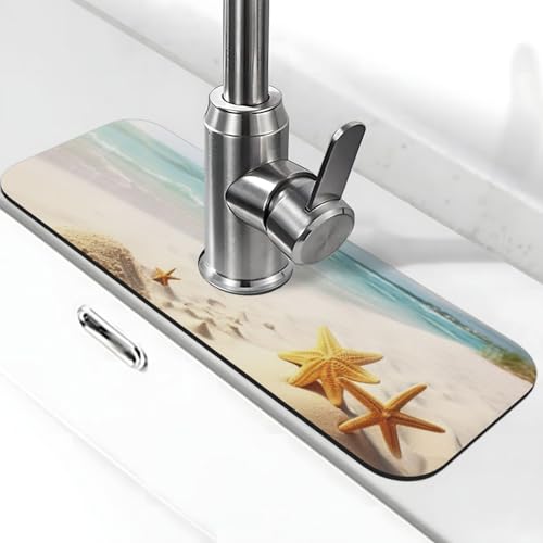Wasserhahnmatte mit Strandmotiv für Küchenspüle – 2025 Premium-Upgrade: Super saugfähiger Kieselgur-Schnelltrocknender Wasserhahn-Saugnapf, waschbar, Küchenspüle, Spritzschutz, 14 x 38 cm von FHEDVBN