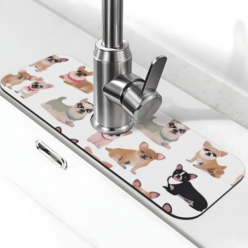 Wasserhahnmatte mit niedlichem Chihuahua-Mops-Muster für Küchenspüle, Premium-Upgrade: Super saugfähiger Kieselgur, schnell trocknend, Saugnapf, waschbar, Küchenspüle, Spritzschutz, 14 x 38 cm von FHEDVBN
