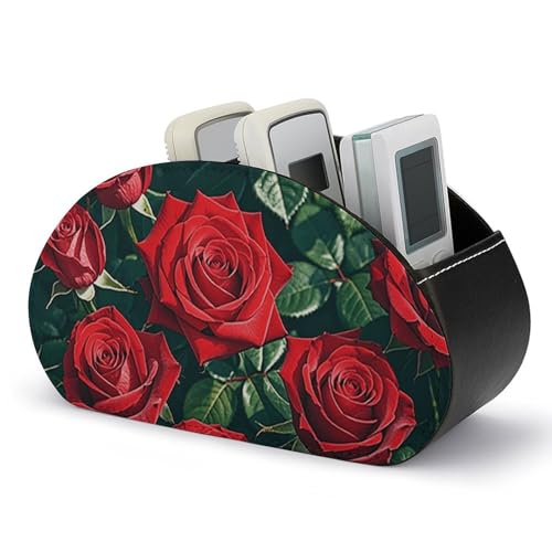 FHESDCW Red Rose Romantischer Leder-Fernbedienungshalter mit 5 Fächern, modernes Design, Schreibtischzubehör, Arbeitsplatz-Organizer für Controller, Media-Player von FHESDCW