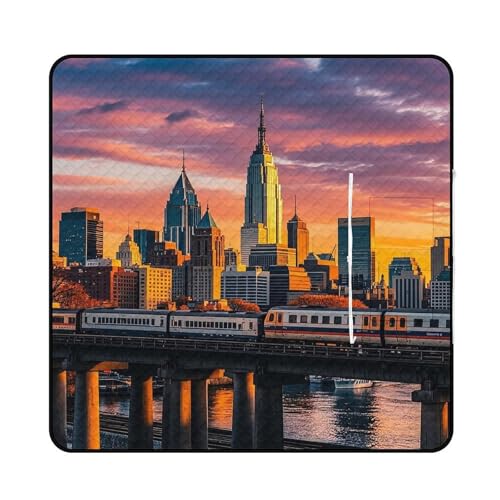 FHESDCW Sunset Bridge Wolkenkratzer-Picknickdecke mit Reißverschlusstasche, wasserdicht, tragbar, Outdoor-Decke, leicht, faltbar, Outdoor-Matte für Strand, Camping, Park, 200 x 200 cm von FHESDCW