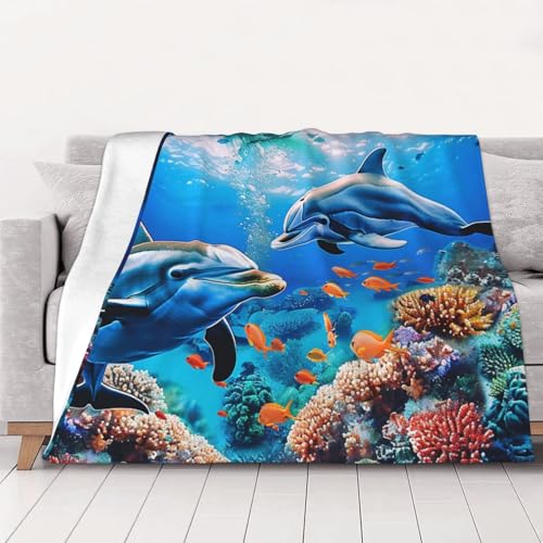 FHESDMN Schöne Unterwasserwelt Delfine Koralle bedruckte Flanell-Fleecedecke, Couchdecke, Sofasettees, flauschige, dicke Decken sind für alle Jahreszeiten geeignet, 50 x 40 cm von FHESDMN