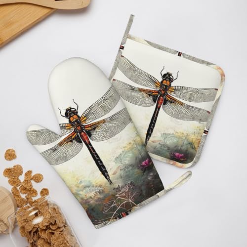 Hitzebeständige Ofenhandschuhe und Topflappen mit Libellen-Motiv, Küchenzubehör zum Kochen, Backen, Grillen, Mikrowelle von FHESDMN
