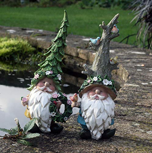 FHFY Garden 20 cm Ned und Nat Zwerge, Gartenfee, Troll, Imp - Handbemalt mit Vögeln und Blumen - Für Innen- und Außenbereich geeignet von FHFY Garden