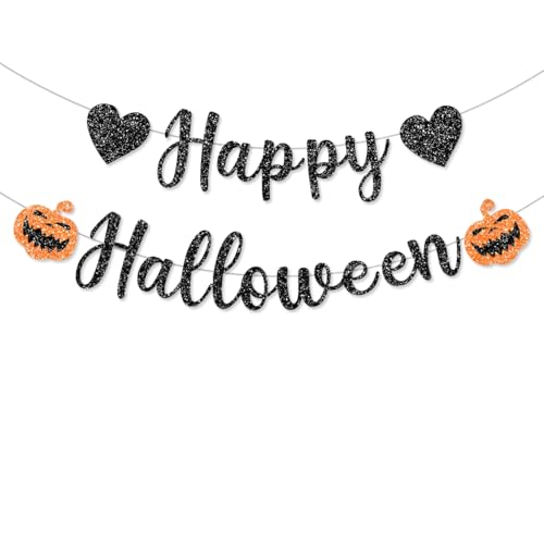 Vorbespanntes schwarzes Glitzer-Halloween-Dekorationen, Banner für Spukhaus mit Kürbis-Dekorationen, Happy Halloween, Mantel, Heim-Party-Dekoration, für drinnen und draußen, kein Basteln Vorbespanntes schwarzes Glitzer-Halloween-Dekorationen, Banner für Spukhaus mit Kürbis-Dekorationen, Happy Halloween, Mantel, Heim-Party-Dekoration, für drinnen und draußen, kein Basteln von FHGG