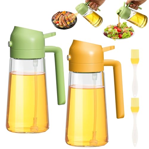 FHISKUNYU 2 in 1 Ölsprüher - 470ml Sprühflasche für Heißluftfritteuse, Grillen, Salat - 2er Set (Grün & Orange) - Ölflasche aus Glas mit Sprühfunktion - Inklusive 2 Düsen von FHISKUNYU