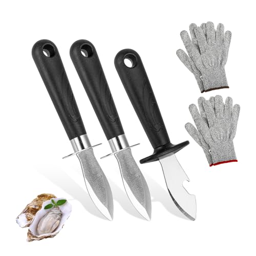 FHISKUNYU ​Austernmesser Set 5-teilig​ – ​Multifunktions Austernöffner​ mit 420 Edelstahl, ​rutschfester Griff​ & Seitenschutz – Inkl. 2x Schutzhandschuhe für Muscheln, Flaschenöffner & Küchenwerkzeug von FHISKUNYU