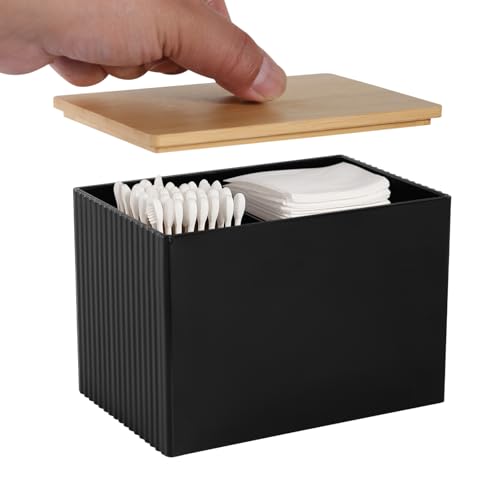 FHISKUNYU Baumwollstäbchen-Box mit Bambusdeckel – 3-Fach Acryl-Organizer für Bad & Schminktisch | Staubdicht für Wattepads, Zahnstocher, Kosmetik (Schwarz) von FHISKUNYU