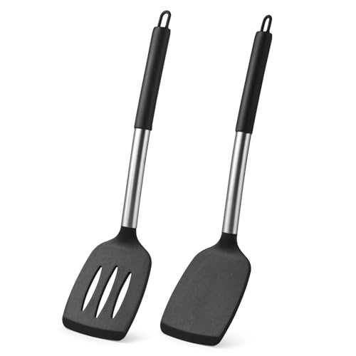 FHISKUNYU Pfannenwender Silikon 2er Set – ​Hitzebeständiger ​Spatula mit Abtropfdesign, Leise & Schonend für Antihaftbeschichtung, Komfortgriff und Aufhängefunktion von FHISKUNYU