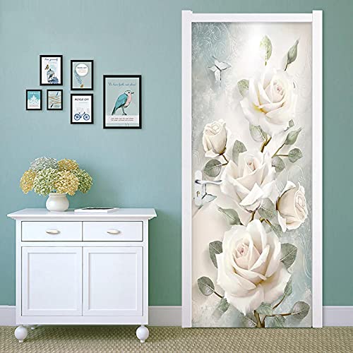 FHKGIUJAD Türtapete Selbstklebend Vinyl Türposter 3D Weiß Blumen Pflanzen Diy Türaufkleber Türfolie Türposter Selbstklebende Tür Abnehmbare Heimtapete Dekorative Kunst 77X200Cm von FHKGIUJAD