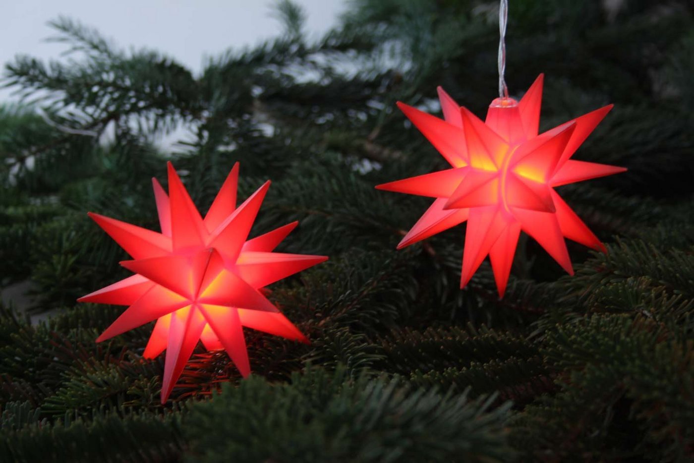 FHS LED-Lichterkette, 18-flammig, LED Lichterkette 18 rote Sterne 1 warmweissen LED Timer Außen 8,5m von FHS