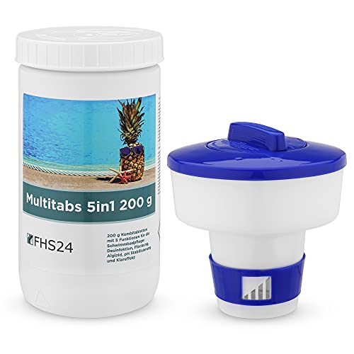 FHS24 Spar Set 6 MultiTabs 200g 1kg 5in1 Dosierschwimmer Multitabs Pool Set Wasserpflege Chlor Wasserdesinfektion von FHS24