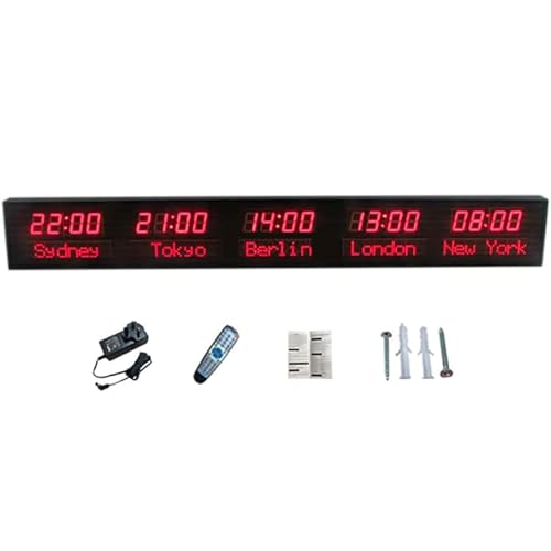 FHSLKXIM Wandmontierte Stadt-Weltzeituhr Mit 5 Zeitzonen, Digitale Led-Weltzeituhr, 3-Stufige Helligkeitseinstellung, Stadt Kann Geändert Werden, Für Unternehmen, Hotels, Flughäfen von FHSLKXIM