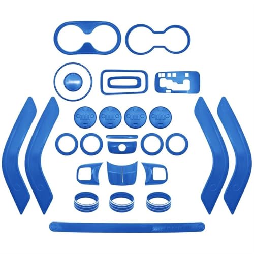 FHSUFG Für Jeep Für Wrangler Jk 2011-2017 Mittelkonsolentür Klimaanlage Lüftungsgitter Lenkrad Getriebe Getränkehalter Abdeckung Verkleidung Innen Zubehör(Blue 28Pcs) von FHSUFG