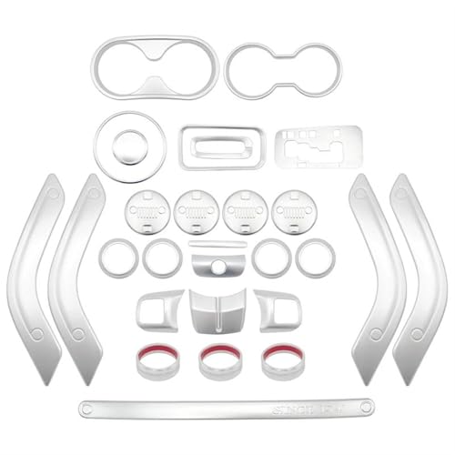 FHSUFG Für Jeep Für Wrangler Jk 2011-2017 Mittelkonsolentür Klimaanlage Lüftungsgitter Lenkrad Getriebe Getränkehalter Abdeckung Verkleidung Innen Zubehör(Silver 28Pcs) von FHSUFG