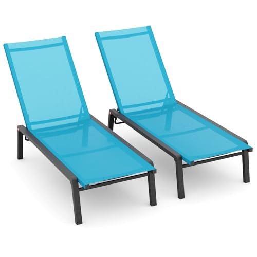FHVIT Patio Chaise Lounge Set von 2 mit 4 verstellbaren Rückenlehne, Faltbare Aluminium Chaise Lounge Stuhl Liegestuhl für Outdoor, Poolside, Sun Tanning Blue von FHVIT