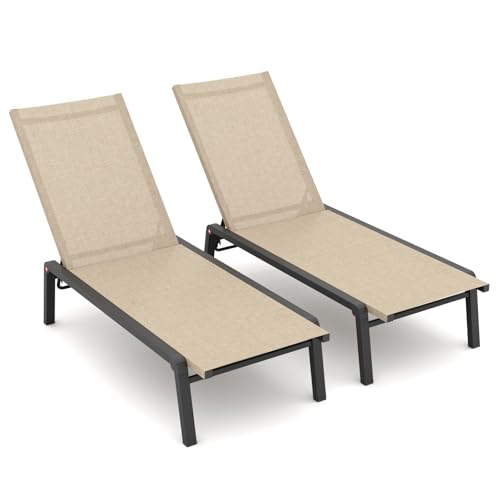 FHVIT Patio Chaise Lounge Set von 2 mit 4 verstellbaren Rückenlehne, Faltbare Aluminium Chaise Lounge Stuhl Liegestuhl für Outdoor, Poolside, Sun Tanning Flaxen von FHVIT