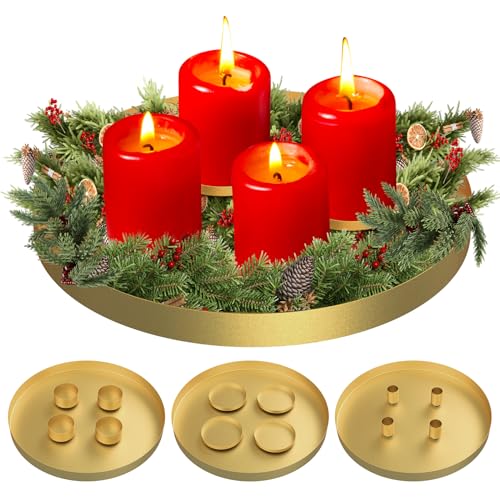 3 in 1 Magnetischen Kerzentablett, 30cm Adventskranz Metall Kerzenhalter Stumpenkerze, Stabkerzen, Magnet Kerzen Leuchter Ständer, Magnetischen Teelichter Deko Kerzenhaltern für Weihnachten (Gold) von FHzytg