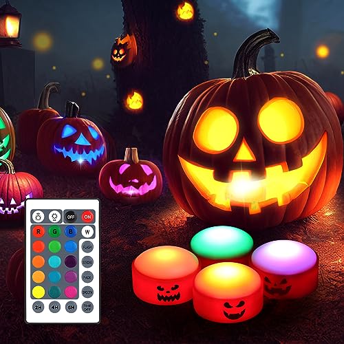 4 PCS Halloween Kürbis Lichter 16 Farben, Jack-o'-lantern LED Licht mit Fernbedienung, Timer Lichter für Kürbisse, Batteriebetriebenes, Flammenlose Kerzen für Kürbisdekoration Halloween Party 4 PCS Halloween Kürbis Lichter 16 Farben, Jack-o'-lantern LED Licht mit Fernbedienung, Timer Lichter für Kürbisse, Batteriebetriebenes, Flammenlose Kerzen für Kürbisdekoration Halloween Party von FHzytg