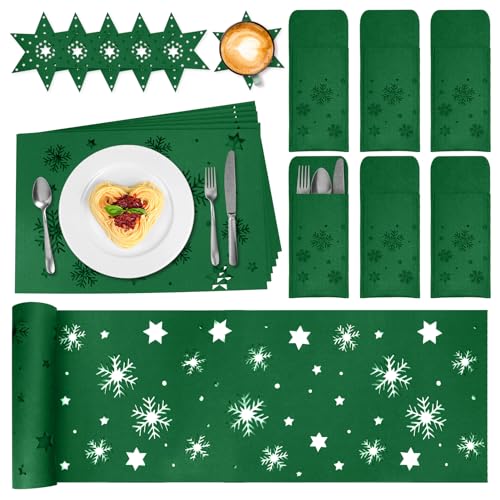 FHzytg 19 Stück Weihnachtsdeko Tisch Platzset, Tischset Platzset Weihnachten Tischset Tischset Weihnachten Filz Platzset Bestecktasche Untersetzer Tischläufer aus Filz für Weihnachten (Grün) von FHzytg