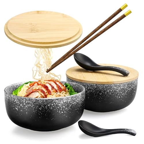 FHzytg 2 Stück Bowl Schüssel Japanische Ramen Schüssel Keramik Schüssel mit Deckel, Ramen Schüssel Ramen Bowl Schüssel Keramik Pho Schüssel Suppen Schüssel Salat Bowl Müsli Schüssel mit Deckel von FHzytg