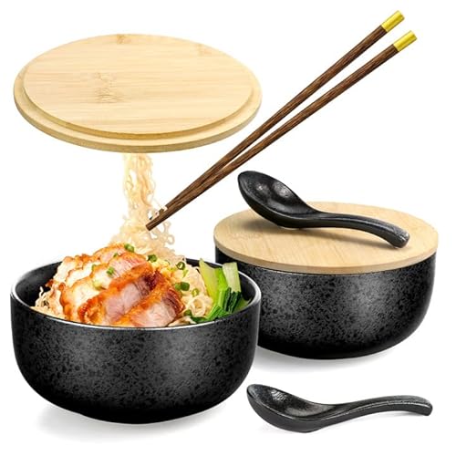 FHzytg 2 Stück Bowl Schüssel Japanische Ramen Schüssel Keramik Schüssel mit Deckel, Ramen Schüssel Ramen Bowl Schüssel Keramik Pho Schüssel Suppen Schüssel Salat Bowl Müsli Schüssel mit Deckel von FHzytg