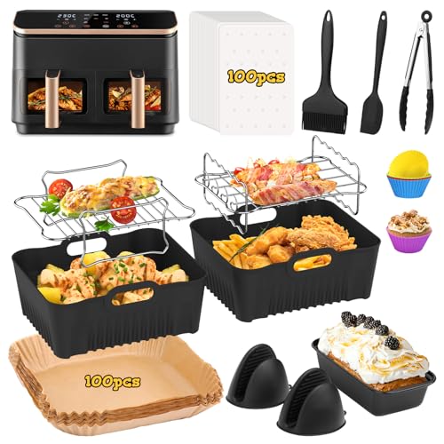 FHzytg Airfryer Zubehör für COSORI Dual Zone XXL 8,5 L, Heißluftfritteuse Zubehör 2 Kammern für COSORI CAF-R901-AE, Wiederverwendbares Silikon Einsätze für Cookwise 9L von FHzytg